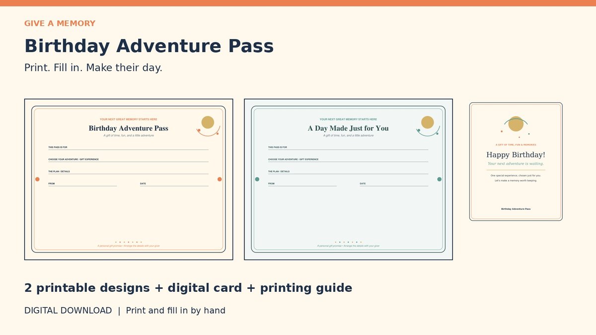 Birthday Adventure Pass: Printable gift certificates + digital card card